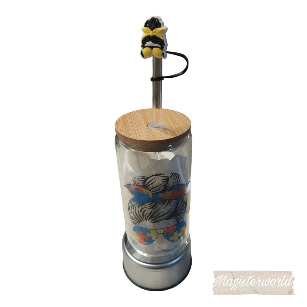 Autism Glass Can Cup With Straw And Straw Cover 16oz Personalized Add A Name